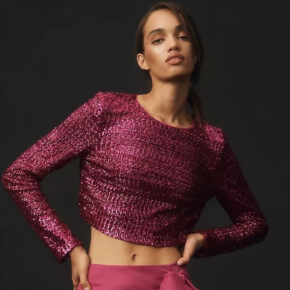 🌻NEW w/tag Walter Baker Megan Top Magenta Rush Sequin Cropped Long Sleeve Large